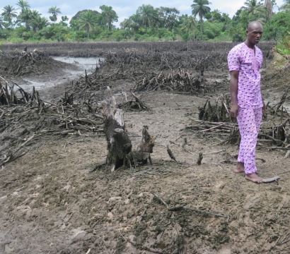 Un homme marche sur le delta du Niger