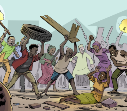 Illustration représentant des individus nigériens s'attaquant à une femme au sol, tandis qu'une foule observe la scène.